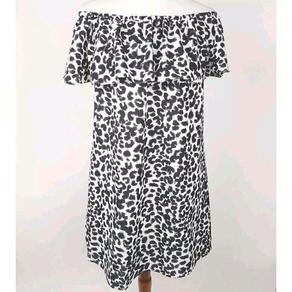 Sanctuary Black White Leopard Print Off  Shoulder Mini Dress Womens M - Picture 1 of 7